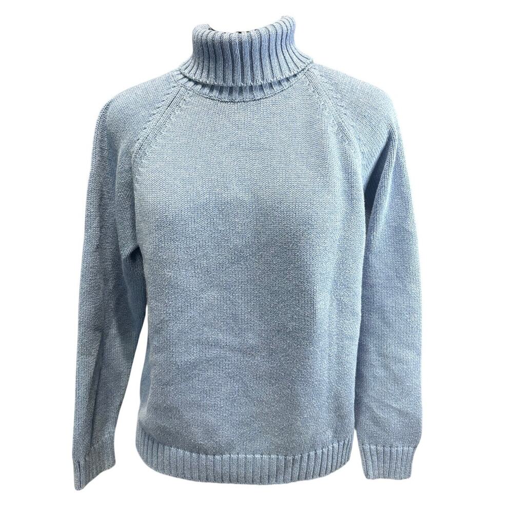 Lands End Petite M Cotton Turtleneck Sweater Blue Classic Knit Hong Kong Made
